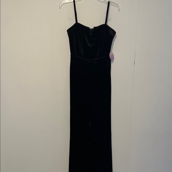 Wysteria Lane Pants - Wysteria Sleek Black Velvet Strappy Jumpsuit V-neck Wide Leg Size S 0330261